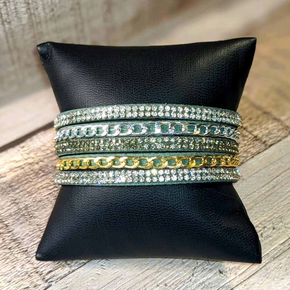 A65 NEW Silver Green Crystal Gold Rhinestone Wrap Bracelet Adjustable M-L